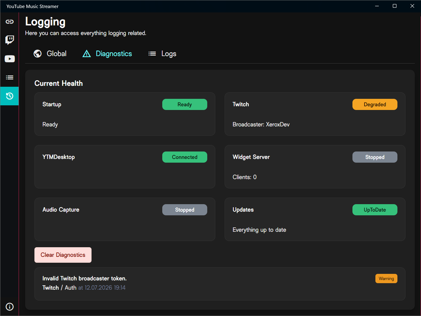Logging diagnostics and health overview