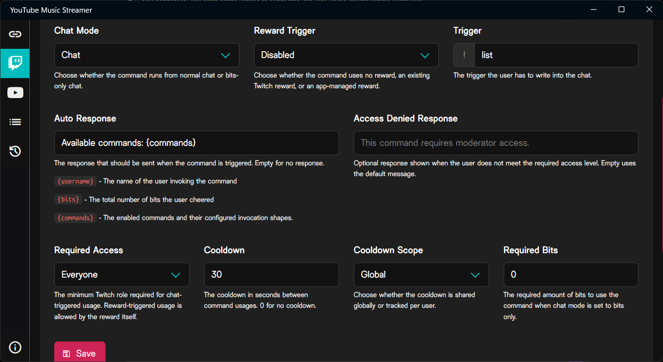 Command access and cooldown settings