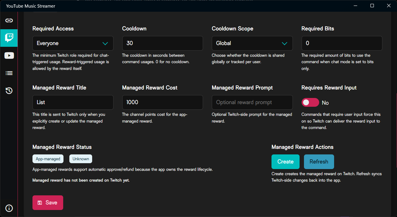 App-managed Channel Point reward settings
